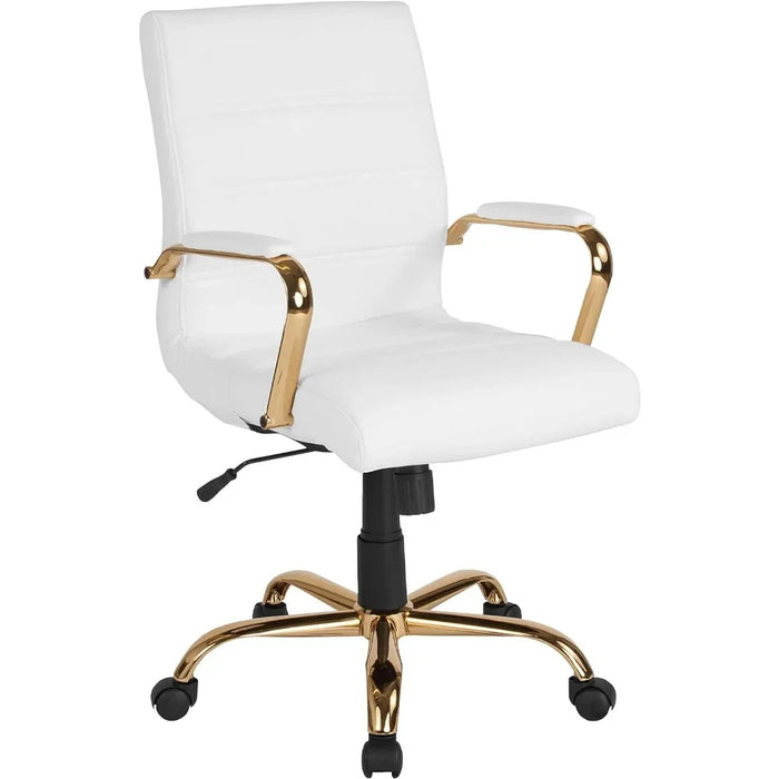 Computer Office Chair Cover Mid-Back Desk Chair - White LeatherSoft Executive Swivel Office Chair With Gold Frame Furniture