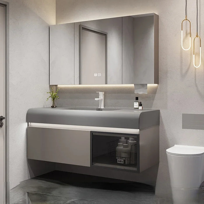 Bathroom Cabinet Slate Integrated Washbasin Vanity and Sink Combo Cabinet Undermount Chrome Faucet Drain with Mirror Cabinet Set