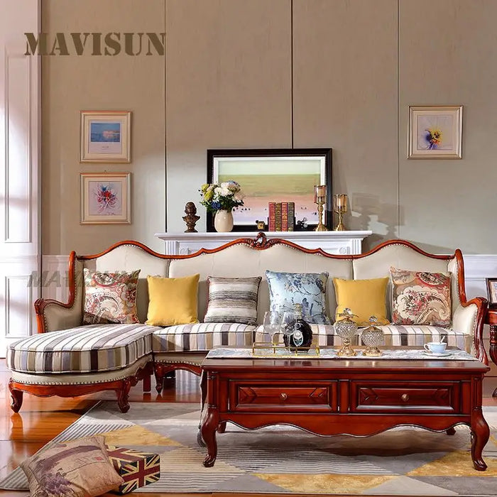 Living Room Reception Guests Sofa American Light Luxury Solid Wood Simulation Leather l-Shaped Simple Carved Furniture Sofa