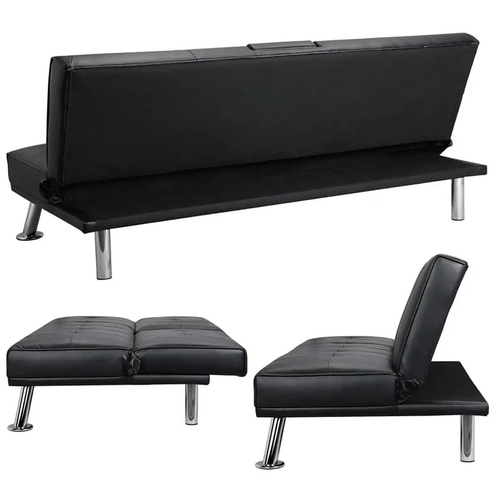 Modern Faux Leather Futon With Cupholders and Pillows Modern Sofas for Living Room Black Puffs Sofa Convertible Air Single Home