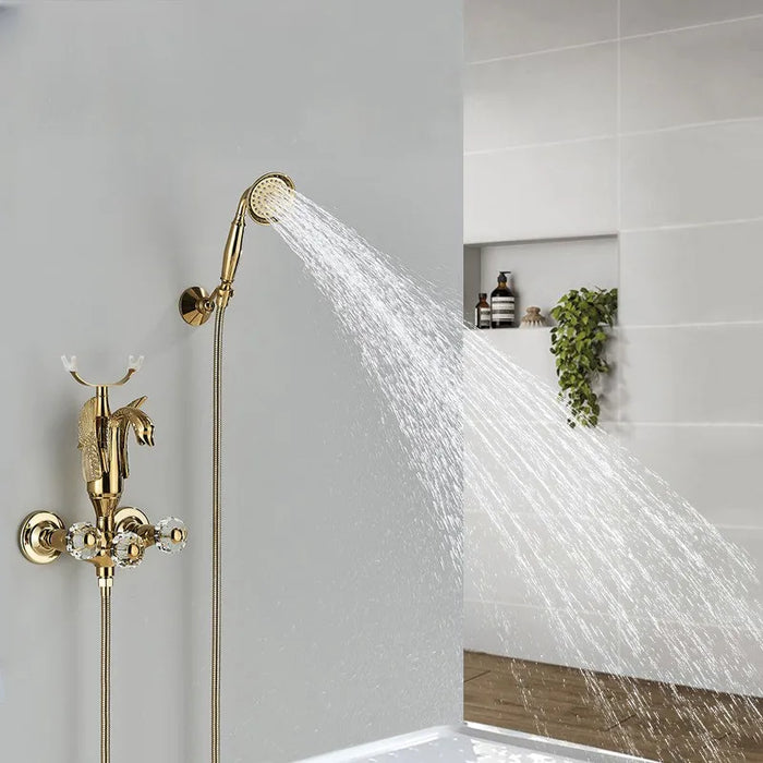 Bathroom Wall Mounted Bathtub Faucet Gold Swan Crystal Handle Bath Chrome Shower  Hot Cold Water Mixer Tap