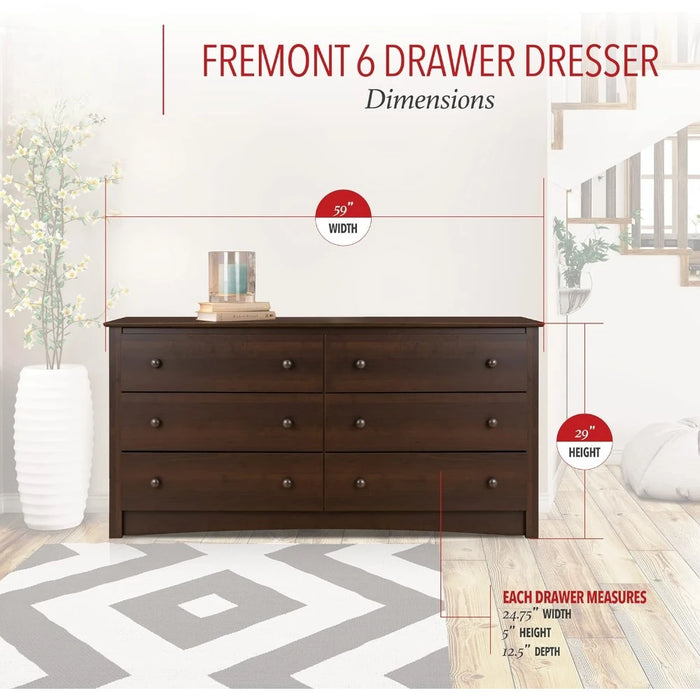6-Drawer Wide Chest of Drawers Dresser for Bedroom Set 59”W X 16“D X 29”H Home Furniture Makeup Dressing Table With Mirror Desk