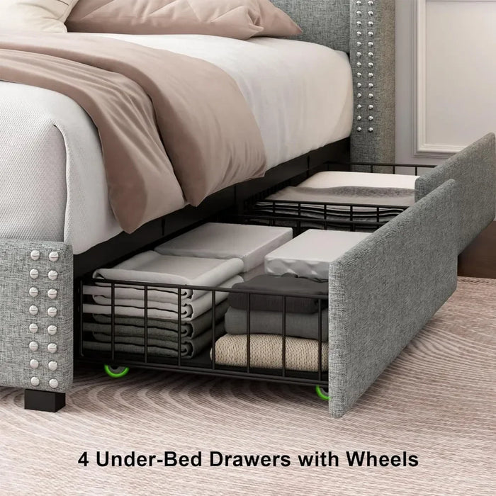 Bed frame with 4 storage drawers, upholstered platform bed frame, solid wood slats support, no need for box spring platform bed
