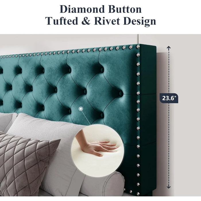 King size bed frame, velvet padded platform bed with adjustable diamond button tufting and nail head decoration headboard, bed