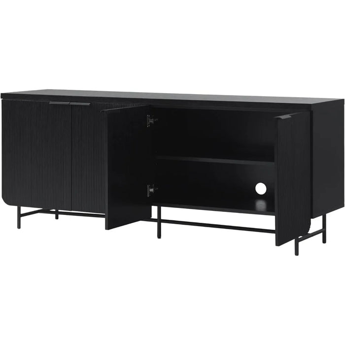 TV cabinet, 4-door side panel with grooves, 69 inches, black, living room rectangular TV cabinet with legs