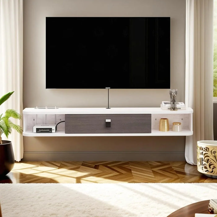 TV Console,63'' Wall-Mounted Media Console TV Cabinet Floating TV Stand Entertainment Shelf with Door and Storage (Grey White)