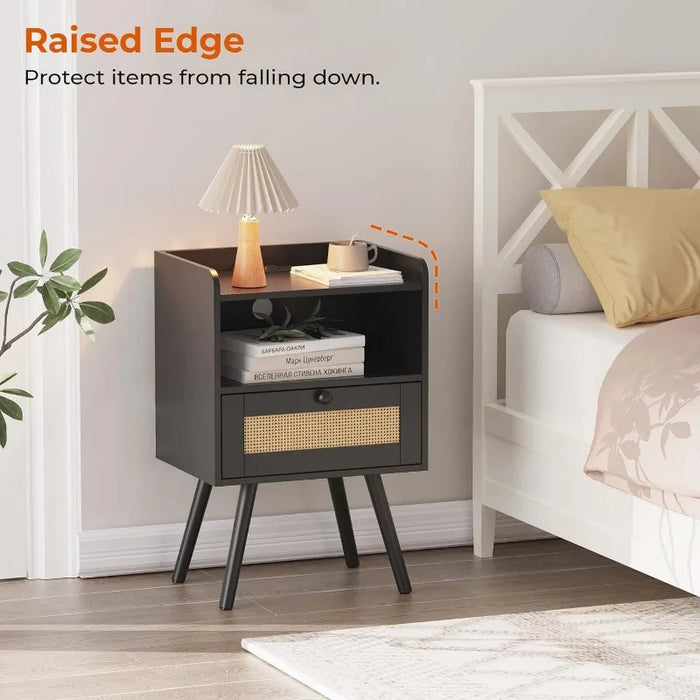 SUPERJARE Nightstands with Charging Station,Bedside Table Set of 2 with PE Rattan Drawers,Rattan Side Table with Storage & Solid