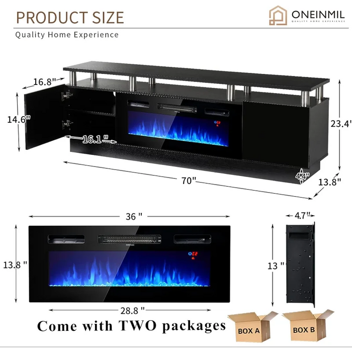 oneinmil Fireplace TV Stand with 36" Electric Fireplace,LED Light Entertainment Center,2 Tier  Console  for s Up to 80"