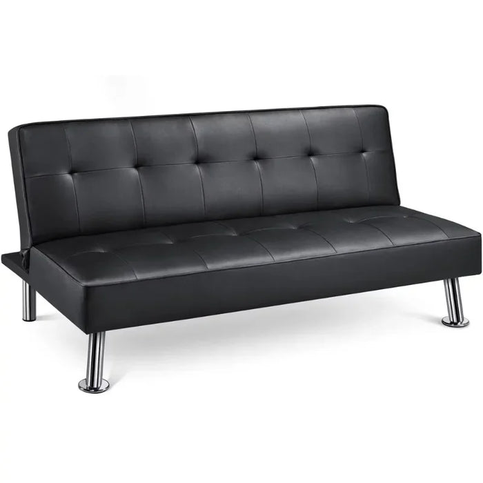Easyfashion Convertible Faux Leather Futon Sofa Bed, Black Sofa Set Living Room Furniture  Sofas  Recliner Sofa