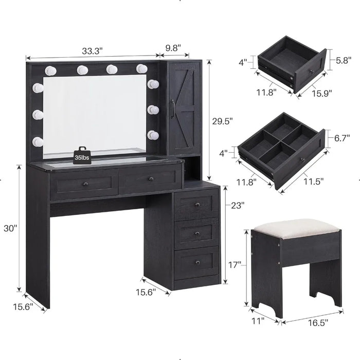 Dressing Table with Charging Station with Mirror and Drawer for Makeup, Dressing Stool in Bedroom, Dressing Table