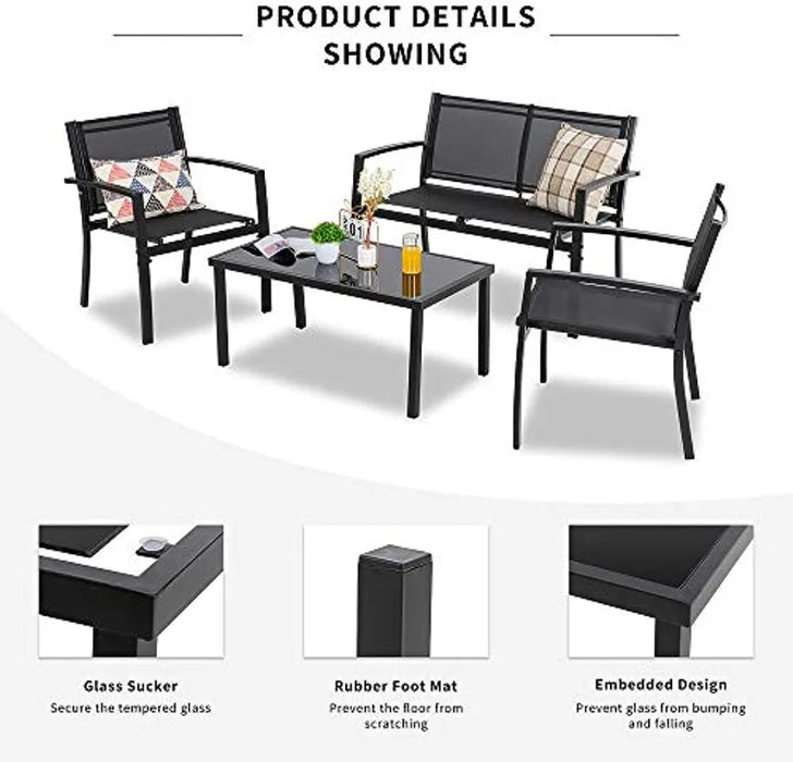 Shintenchi 4 Pieces Patio Furniture Set All Weather Textile Fabric Outdoor Conversation Set, with Glass Coffee Table, Loveseat