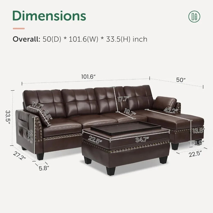 Brown Leather Sectional Sofa with Ottoman - Easy Assembly, Storage Space