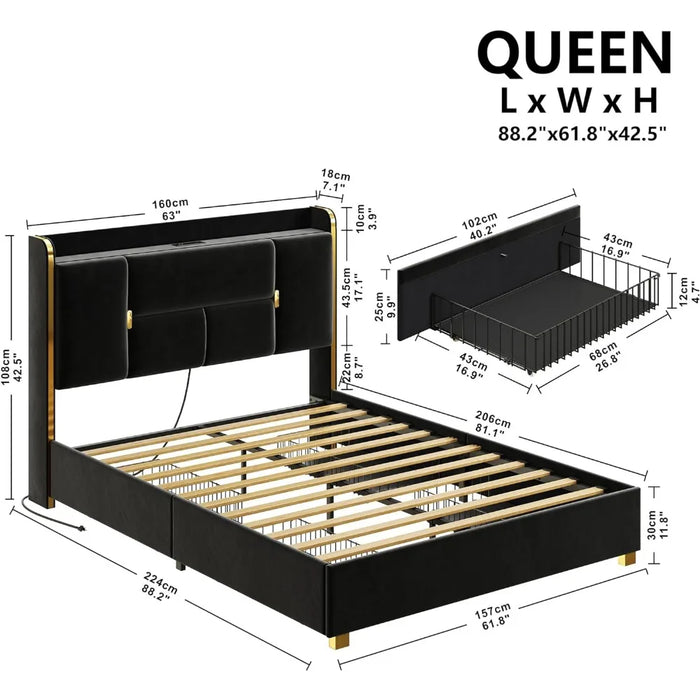 Modern Upholstered Bed ,with 4 Drawers, Upholstered Storage Headboard with Charging Station, Queen Bed Frame