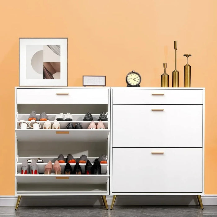 Shoe cabinet freestanding shoe rack organizer with 2 flip-out drawers and top drawer cabinet, living room furniture cabinet