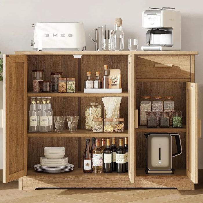 Irontar Kitchen Storage Cabinet, Sideboard Buffet Cabinet Rattan Decorated Doors, Farmhouse Console Table With Drawer