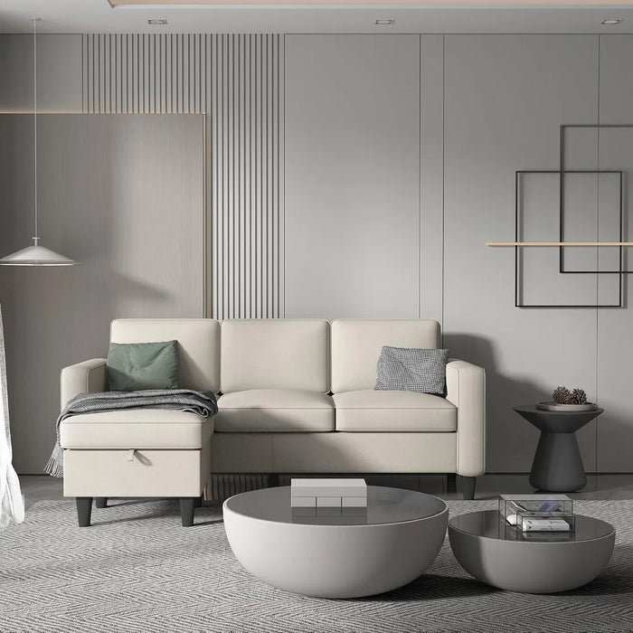 Beige Convertible L Shaped Modular Modern Linen 3 Seater Sofa Sofa Furniture Set with Storage Footstool