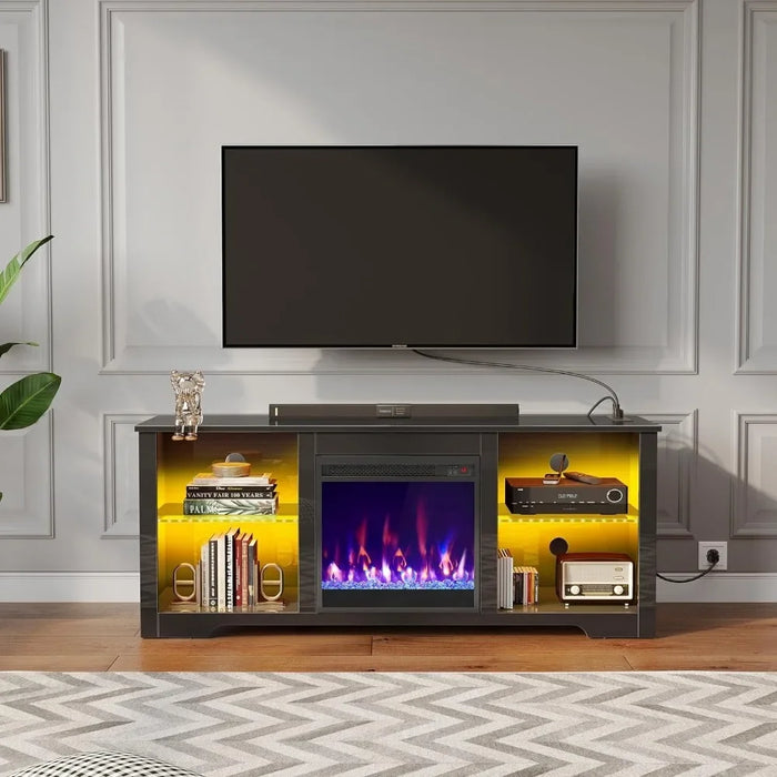Modern TV Console With Glass Shelves Tv Stand Living Room Furniture Entertainment Center With Electric Fireplace Glossy Black