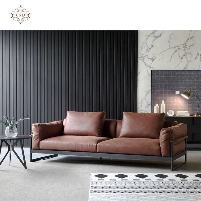 Italian Style Set Furniture Metal Frame Shape Corner 3 Seat Modern PU Leather Living Room Sofa