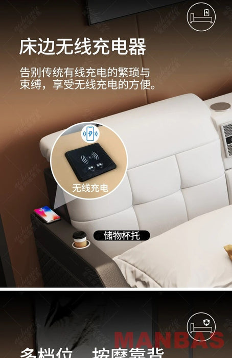 MINGDIBAO Ultimate Bed - Tech Smart Bed with Genuine Leather, Multifunctional Bed Frame, Massage, Speaker, Air Purifier and Safe