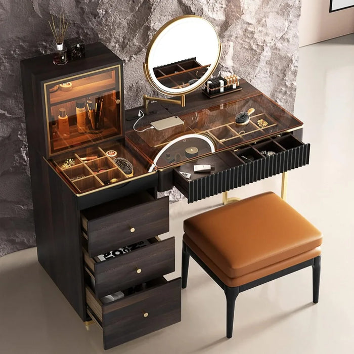 Premium Makeup Vanity Table with Stool,Dressing Table,LED Lighted Mirror,5 Drawers, Side Cabinet,Vanity Desk,Dresser Desk