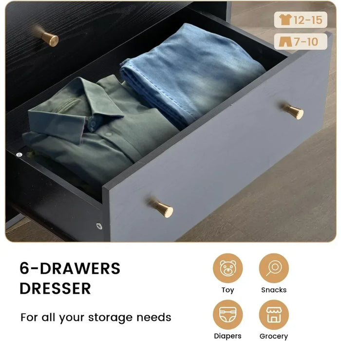 Wood Dresser TV Stand for Bedroom With 6 Drawers Dressing Table Hallway-Black Make Up Table Closet Toilet Furniture Makeup Desk