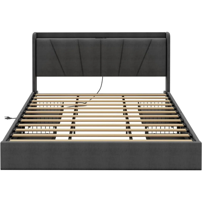 King Bed Frame and Upholstered Headboard, Platform Bed with Storage Drawers and Outlets, Sturdy, Noiseless, No Box Spring Needed