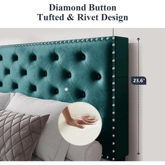King size bed frame, velvet padded platform bed with adjustable diamond button tufting and nail head decoration headboard, bed