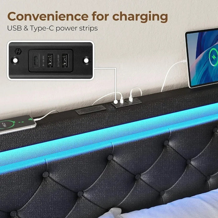Bedroom bed frame with LED lights and charging station, easy-to-assemble upholstered with drawers, bedroom bed frame