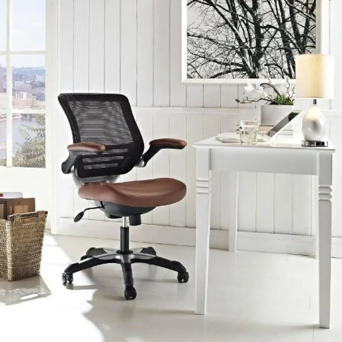 Modway Edge Mesh Back and White Vinyl Seat Office Chair With Flip-Up Arms - Computer Desks in Tan