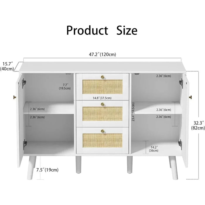 White Buffet Cabinet Living Room Rattan Door Sideboard Kitchen Cabinet With Drawers and Shelves Cabinets Locker Display