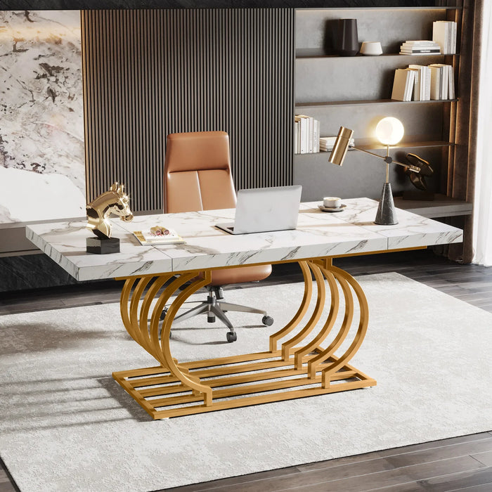 Tribesigns 63" Modern Office Desk, White and Gold Executive Desk, Large Computer Desk Home Office Desk with Gold Metal Frame