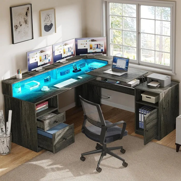 YITAHOME L Shaped Desk with Power Outlets & LED Lights, 60” Computer Desk with Drawers & Lift Top, Home Office Desk with Monitor