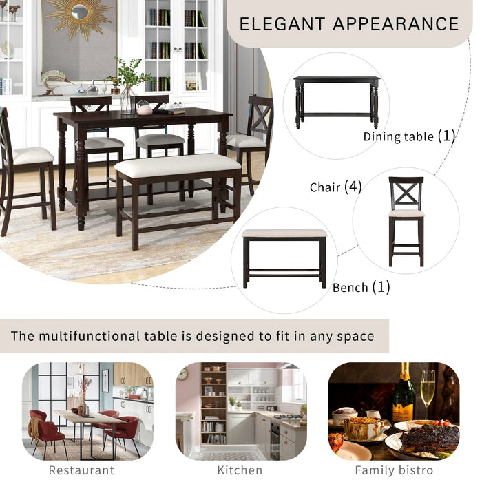 6-Piece Counter Height Dining Table Set Table with Shelf 4 Chairs and Bench for Dining Room (Espresso)