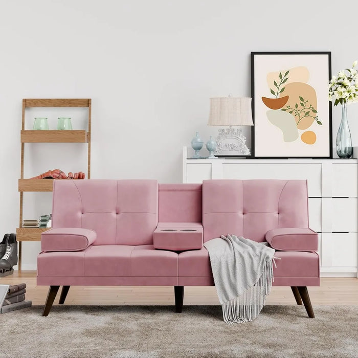 3 in 1 Cute Convertible Sofa Bed 60" Small Loveseat Modern Futon Recliner Sleeper W/2 Cup Holder Pink Freight Free Couch Sofas