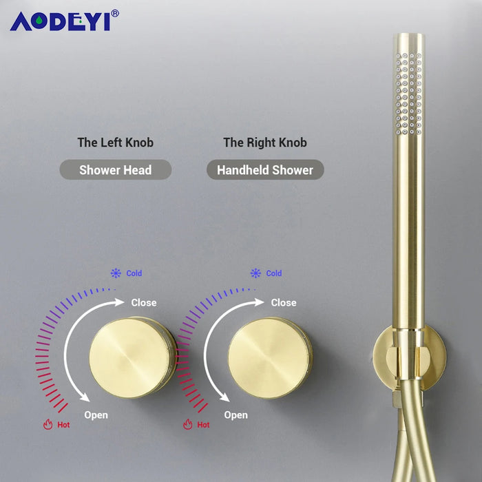 Bathroom Shower System Set Brushed Gold Hot Cold Faucet Bath Mixer Tap Brass Diverter Handheld Rainfall Head Ceiling Arm Kit