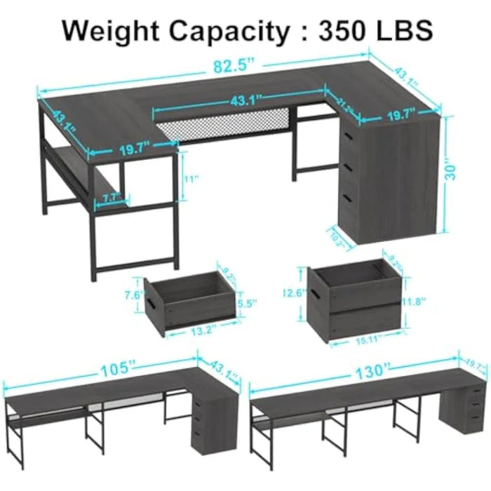 U Shaped Desk with Drawers, L Shaped Computer Desk with Storage Shelf, Large Reversible Wood Executive Home Office Desk