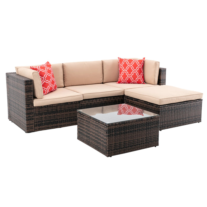 5Pc Patio Furniture Set Outdoor Garden Patio Furniture PE Rattan Wicker Sectional Cushioned Sofa Sets with 2 Pillows and Coffee