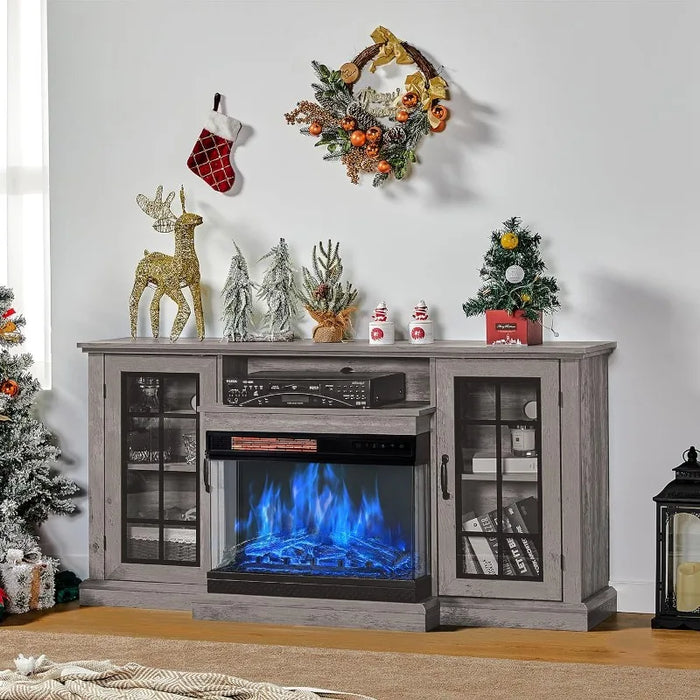 Fireplace TV Stand 59" Media Entertainment Center with Farmhouse Glass Door Storage Cabinet, TV Console Table for TVs up to 65"