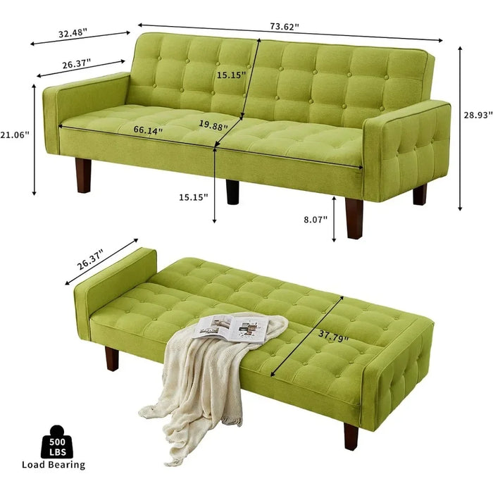 Convertible Futon Sofa Bed, Modern Tufted Loveseat Sofa Sleeper, Linen 3 Seater Couch for Living Room, Bedroom, Apartment, Green