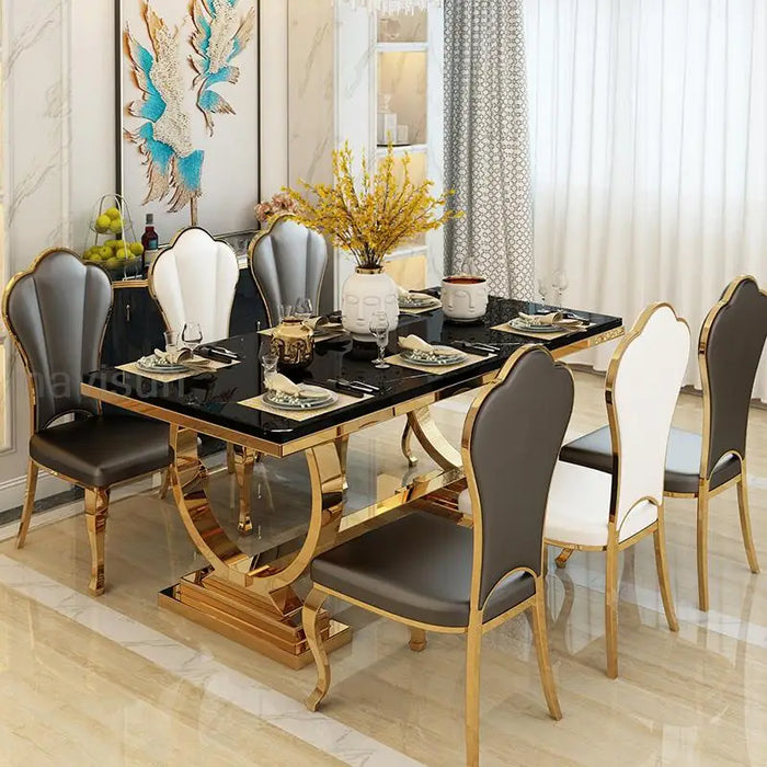 Light Luxury Kitchen Table With Marble Rectangle Stable Gold Plated Stainless Steel Coffee DinnerTable And Chairs Combination