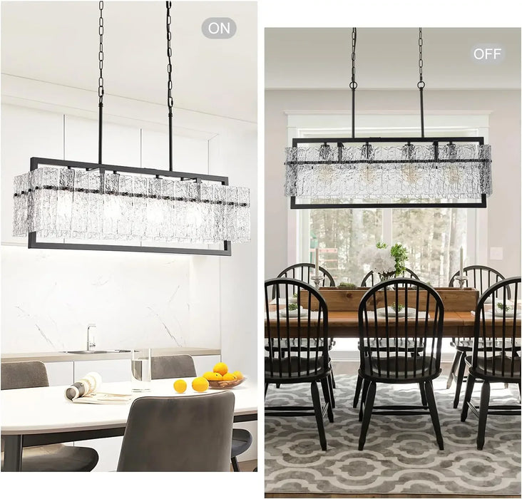 Modern Large Rectangle Chandeliers for Dining Room, 4 Lights Black Crystal Kitchen Island Lighting with Water Ripple Glass,