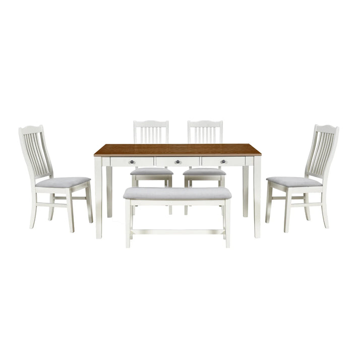 6-Piece Wood Dining Table Set, Kitchen Table Set with Drawer, Upholstered Chairs and Bench, Butter Milk