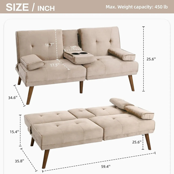 Futon Couch Sofa Bed Convertible Small Loveseat Sleeper with Cup Holder, Wood Legs, Removable Armrests - Multiple Colors