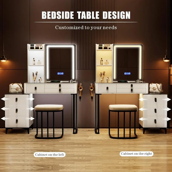 Vanity-with-Mirror-and-Lights Makeup Desk - White Dressing Table Set with Chair Glass Desktop Charging Station 6 Drawers