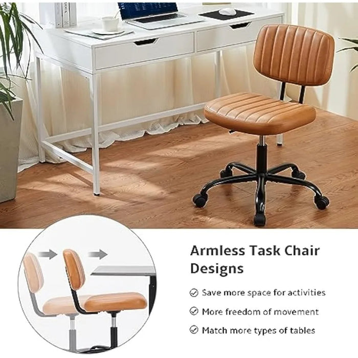 Brown Office Chair Armless Home Office Desk Chair With PU Leather Low Back Lumbar Support and Wheels Free Shipping Chairs Swivel