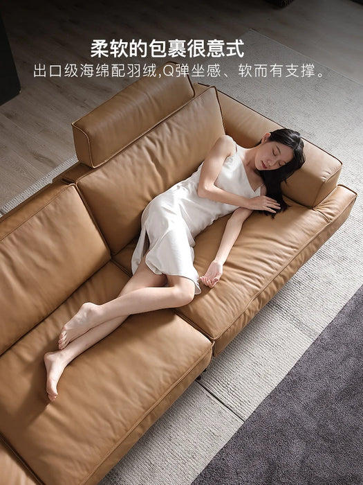 Living Room Full-Layer Cowhide Straight-Row Biscuit Leather High Backrest Sofa