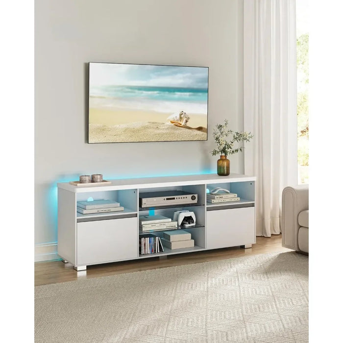 TV Console for Bedroom Living Room Furniture 2 Cabinets With Doors 63-Inch Long TV Stand With LED Lights for TVs Up to 70 Inch