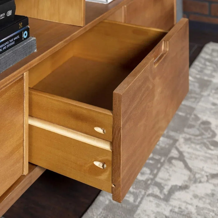 3-Drawer Mid Century Modern Wood TV Stand for TV's up to 65" Flat Screen Cabinet Door Living Room Storage, 58 Inch, Caramel