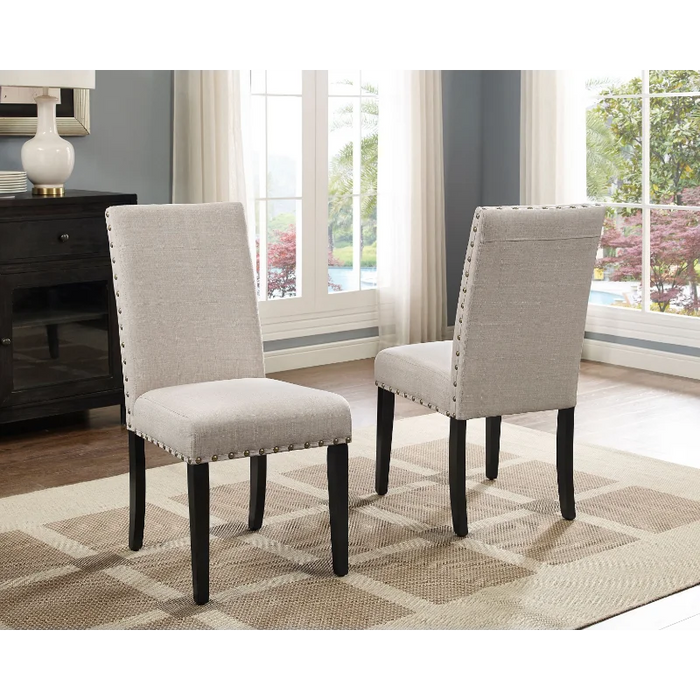 Roundhill Furniture Biony Espresso Wood Dining Table with 4 Tan Fabric Nailhead Chairs, 30.75" Table Height