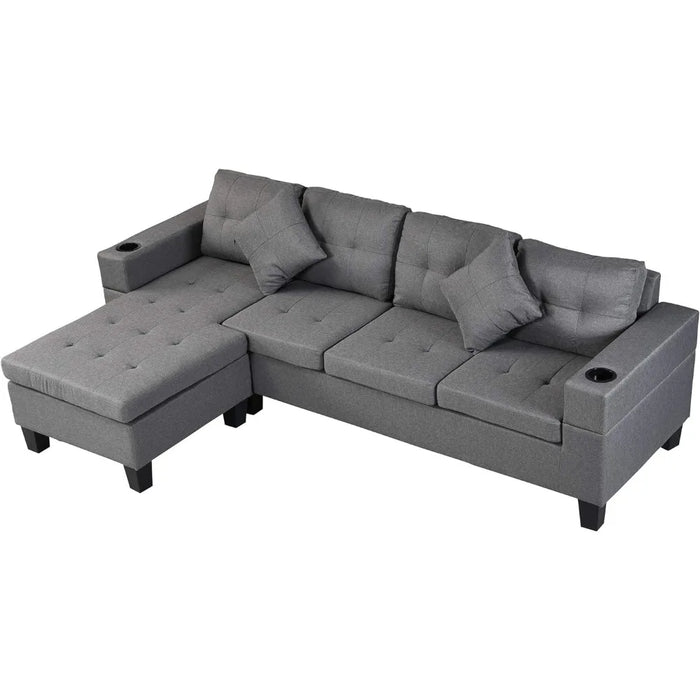 Modular Sofa Set with L-shaped Lounge Living Room, Cup Holder and Left-hand Chaise Longue Modern 4-seater, Grey